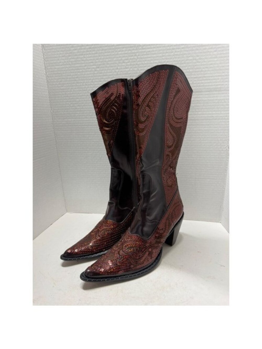 Helen's Heart Brown Sequin Western Cowboy Boots Pointed Toe Faux Fur Size 7